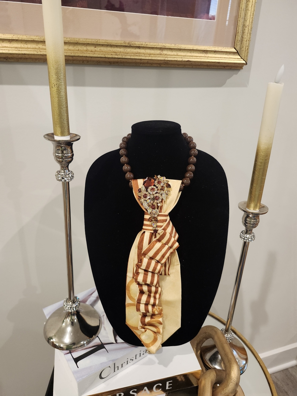 Striped Brown & Orange Statement Tie with Beaded Necklace